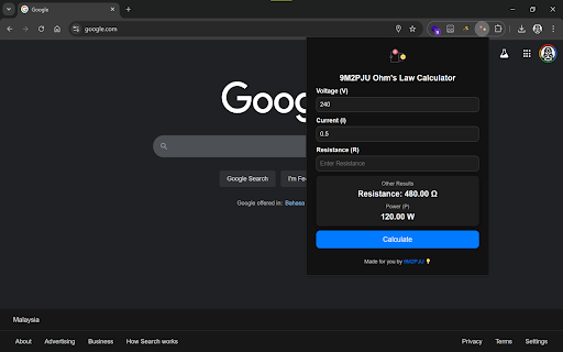 9M2PJU Ohms Law Calculator from Chrome web store to be run with OffiDocs Chromium online 9M2PJU Ohms Law Calculator from Chrome web store to be run with OffiDocs Chromium online
