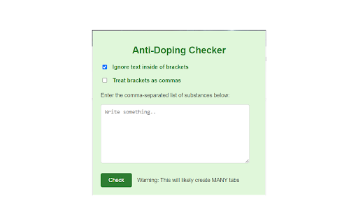 Anti Doping Checker from Chrome web store to be run with OffiDocs Chromium online Anti Doping Checker from Chrome web store to be run with OffiDocs Chromium online