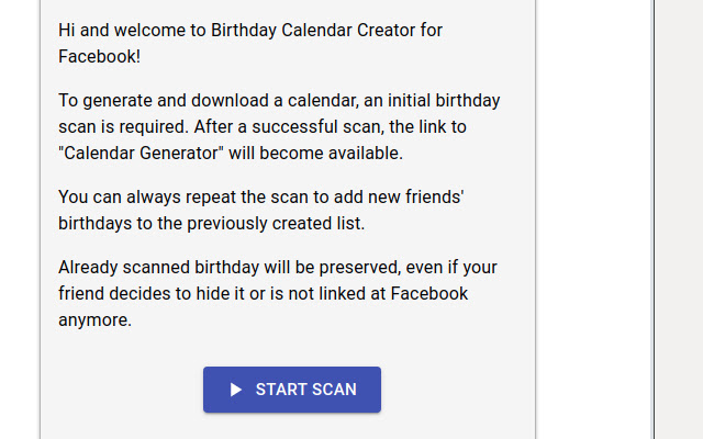 Birthday Calendar Exporter for Facebook from Chrome web store to be run with OffiDocs Chromium online Birthday Calendar Exporter for Facebook from Chrome web store to be run with OffiDocs Chromium online