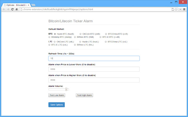 Bitcoin/Litecoin Ticker Alarm from Chrome web store to be run with OffiDocs Chromium online Bitcoin/Litecoin Ticker Alarm from Chrome web store to be run with OffiDocs Chromium online