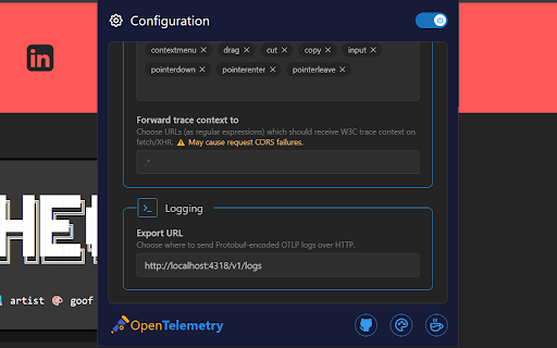 Browser Extension for OpenTelemetry from Chrome web store to be run with OffiDocs Chromium online Browser Extension for OpenTelemetry from Chrome web store to be run with OffiDocs Chromium online