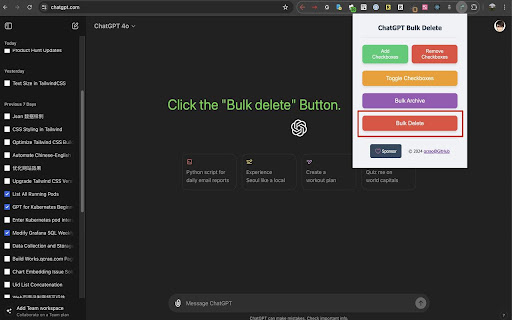 ChatGPT Bulk Delete from Chrome web store to be run with OffiDocs Chromium online ChatGPT Bulk Delete from Chrome web store to be run with OffiDocs Chromium online