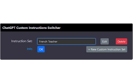 ChatGPT Custom Instruction Switcher from Chrome web store to be run with OffiDocs Chromium online ChatGPT Custom Instruction Switcher from Chrome web store to be run with OffiDocs Chromium online
