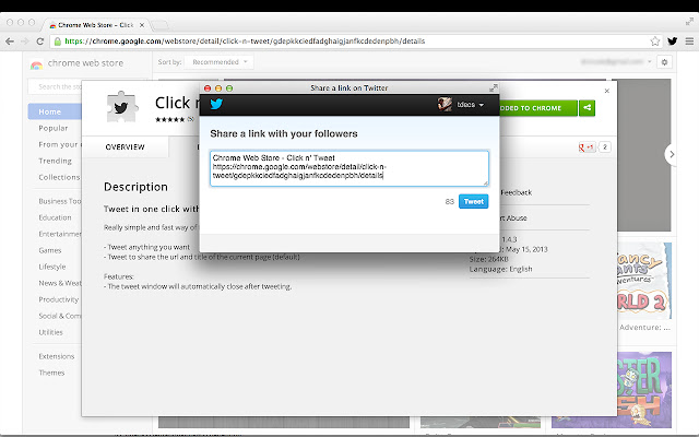 Click n Tweet from Chrome web store to be run with OffiDocs Chromium online Click n Tweet from Chrome web store to be run with OffiDocs Chromium online
