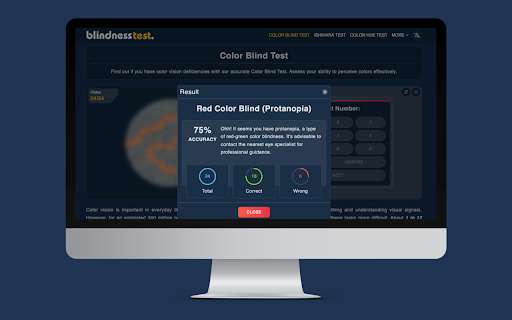 Color Blind Test Fast Accurate by BlindnessTest from Chrome web store to be run with OffiDocs Chromium online Color Blind Test Fast Accurate by BlindnessTest from Chrome web store to be run with OffiDocs Chromium online