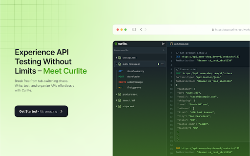 Curlite: Modern API Client from Chrome web store to be run with OffiDocs Chromium online Curlite: Modern API Client from Chrome web store to be run with OffiDocs Chromium online