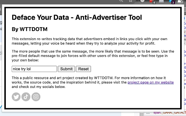 Deface Your Data Anti Advertiser Tool from Chrome web store to be run with OffiDocs Chromium online Deface Your Data Anti Advertiser Tool from Chrome web store to be run with OffiDocs Chromium online