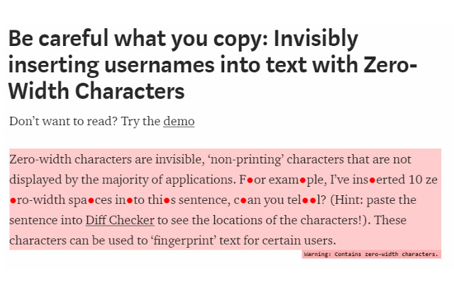 Detect Zero Width Characters from Chrome web store to be run with OffiDocs Chromium online Detect Zero Width Characters from Chrome web store to be run with OffiDocs Chromium online
