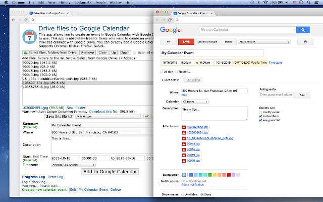 Drive files to Google Calendar from Chrome web store to be run with OffiDocs Chromium online Drive files to Google Calendar from Chrome web store to be run with OffiDocs Chromium online