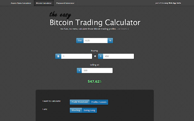 easy Bitcoin Trading Calculator from Chrome web store to be run with OffiDocs Chromium online easy Bitcoin Trading Calculator from Chrome web store to be run with OffiDocs Chromium online