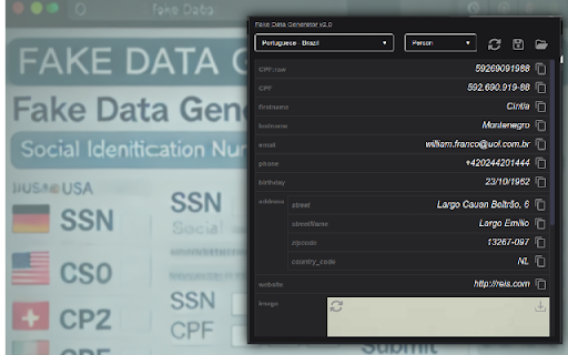 Fake Data Generator from Chrome web store to be run with OffiDocs Chromium online Fake Data Generator from Chrome web store to be run with OffiDocs Chromium online