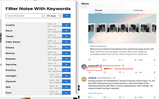 Filter Social Noise Mute words, block annoying tweets and Ads from Chrome web store to be run with OffiDocs Chromium online Filter Social Noise Mute words, block annoying tweets and Ads from Chrome web store to be run with OffiDocs Chromium online
