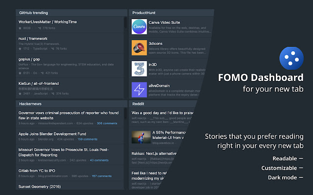 FOMO A new tab dashboard made for you from Chrome web store to be run with OffiDocs Chromium online FOMO A new tab dashboard made for you from Chrome web store to be run with OffiDocs Chromium online