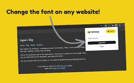 Fontswap Change the font of any website from Chrome web store to be run with OffiDocs Chromium online Fontswap Change the font of any website from Chrome web store to be run with OffiDocs Chromium online