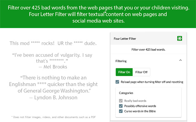 Four Letter Filter from Chrome web store to be run with OffiDocs Chromium online Four Letter Filter from Chrome web store to be run with OffiDocs Chromium online