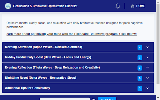 GeniusMind Brainwave Optimization Checklist from Chrome web store to be run with OffiDocs Chromium online GeniusMind Brainwave Optimization Checklist from Chrome web store to be run with OffiDocs Chromium online