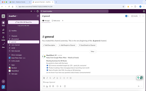 Google Meet to Slack: Real Time Meeting Notes from Chrome web store to be run with OffiDocs Chromium online Google Meet to Slack: Real Time Meeting Notes from Chrome web store to be run with OffiDocs Chromium online