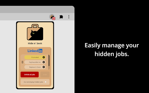 Hide n Seek: Hide Promoted Jobs Companies from Chrome web store to be run with OffiDocs Chromium online Hide n Seek: Hide Promoted Jobs Companies from Chrome web store to be run with OffiDocs Chromium online