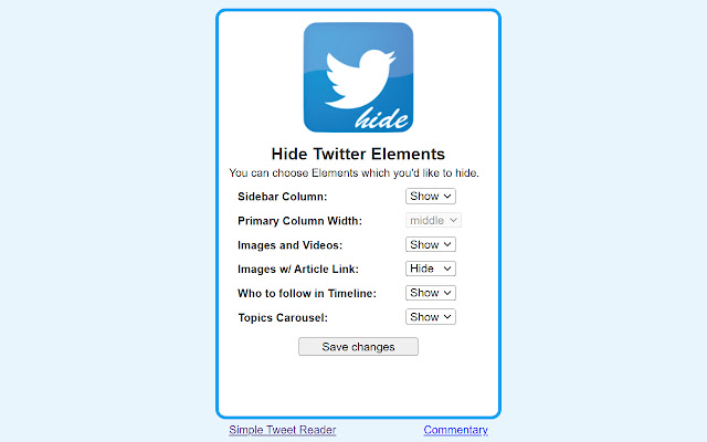 Hide Twitter Elements from Chrome web store to be run with OffiDocs Chromium online Hide Twitter Elements from Chrome web store to be run with OffiDocs Chromium online