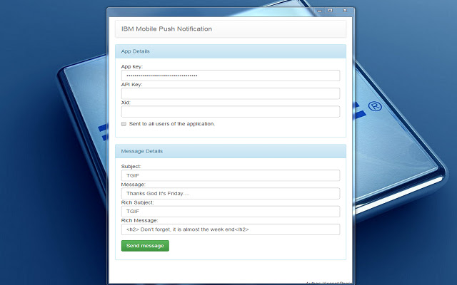 IBM Mobile Push notification (demo) from Chrome web store to be run with OffiDocs Chromium online IBM Mobile Push notification (demo) from Chrome web store to be run with OffiDocs Chromium online