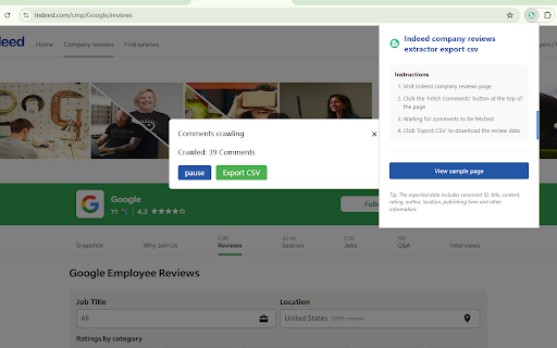 Indeed company reviews extractor export csv from Chrome web store to be run with OffiDocs Chromium online Indeed company reviews extractor export csv from Chrome web store to be run with OffiDocs Chromium online
