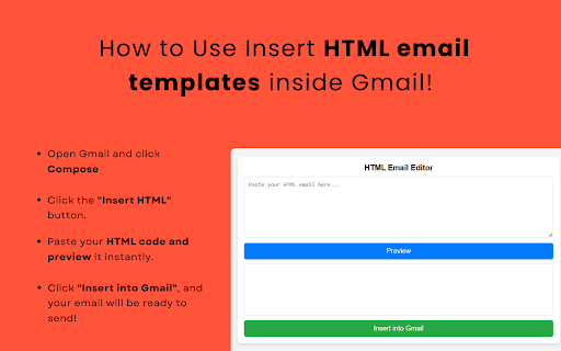 Insert and Send HTML in Gmail from Chrome web store to be run with OffiDocs Chromium online Insert and Send HTML in Gmail from Chrome web store to be run with OffiDocs Chromium online