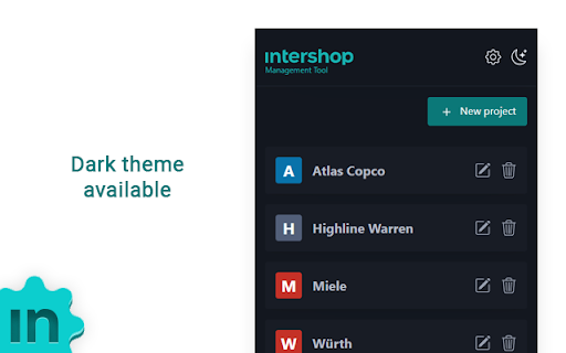 Intershop Management Tool from Chrome web store to be run with OffiDocs Chromium online Intershop Management Tool from Chrome web store to be run with OffiDocs Chromium online