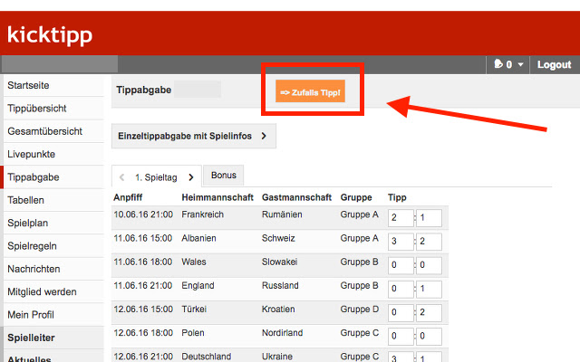 Kicktipp Zufallstipper from Chrome web store to be run with OffiDocs Chromium online Kicktipp Zufallstipper from Chrome web store to be run with OffiDocs Chromium online