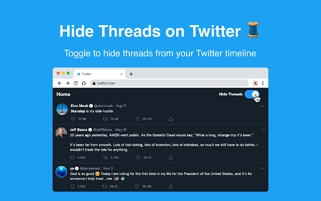 No More Threads Hide Twitter Threads from Chrome web store to be run with OffiDocs Chromium online No More Threads Hide Twitter Threads from Chrome web store to be run with OffiDocs Chromium online
