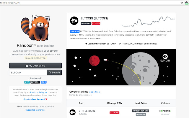 Pandoon ELTCOIN Ticker from Chrome web store to be run with OffiDocs Chromium online Pandoon ELTCOIN Ticker from Chrome web store to be run with OffiDocs Chromium online