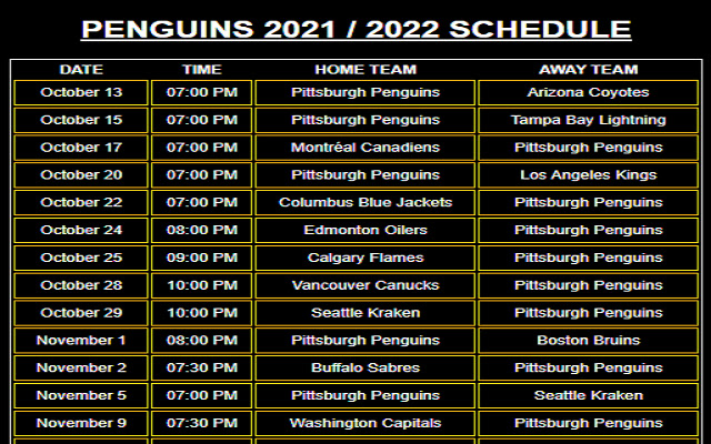 Penguins 2022 2023 Schedule from Chrome web store to be run with OffiDocs Chromium online Penguins 2022 2023 Schedule from Chrome web store to be run with OffiDocs Chromium online