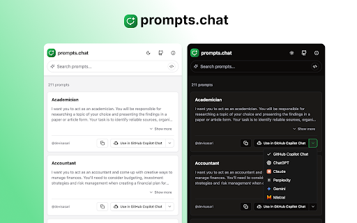 prompts.chat from Chrome web store to be run with OffiDocs Chromium online prompts.chat from Chrome web store to be run with OffiDocs Chromium online