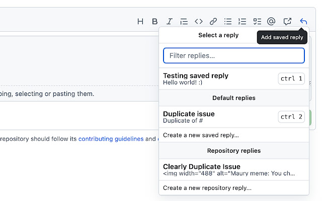 Refined Saved Replies from Chrome web store to be run with OffiDocs Chromium online Refined Saved Replies from Chrome web store to be run with OffiDocs Chromium online