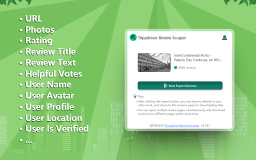 ScrapeJob Tripadvisor Review Scraper from Chrome web store to be run with OffiDocs Chromium online ScrapeJob Tripadvisor Review Scraper from Chrome web store to be run with OffiDocs Chromium online