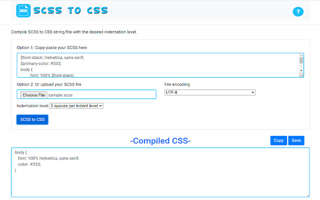 SCSS to CSS from Chrome web store to be run with OffiDocs Chromium online SCSS to CSS from Chrome web store to be run with OffiDocs Chromium online