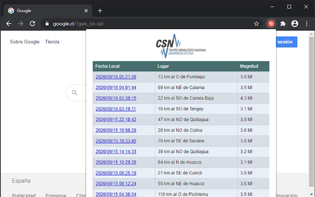 Sismos Chile from Chrome web store to be run with OffiDocs Chromium online Sismos Chile from Chrome web store to be run with OffiDocs Chromium online