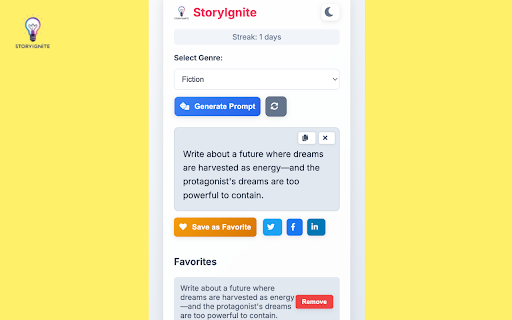StoryIgnite: Premium Writing Prompts from Chrome web store to be run with OffiDocs Chromium online StoryIgnite: Premium Writing Prompts from Chrome web store to be run with OffiDocs Chromium online