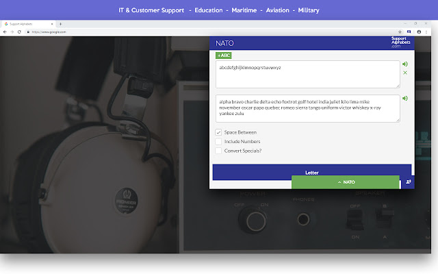 Support Alphabets NATO, Police, Historical from Chrome web store to be run with OffiDocs Chromium online Support Alphabets NATO, Police, Historical from Chrome web store to be run with OffiDocs Chromium online
