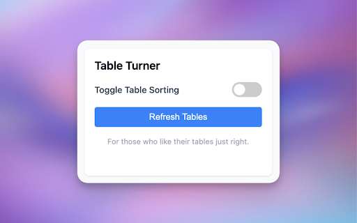 Table Turner Easily Sort Tables from Chrome web store to be run with OffiDocs Chromium online Table Turner Easily Sort Tables from Chrome web store to be run with OffiDocs Chromium online