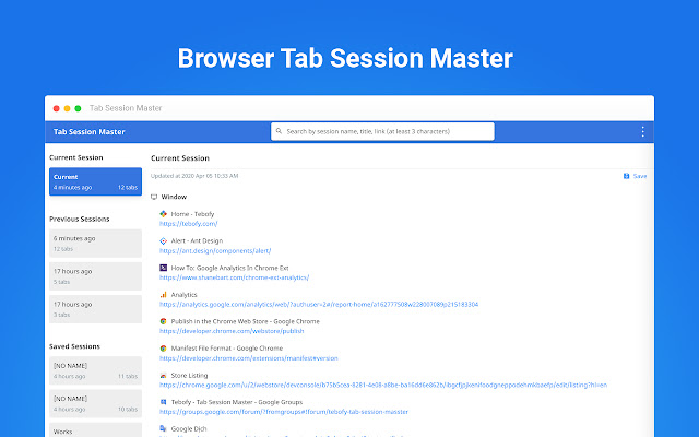 Tab Session Master from Chrome web store to be run with OffiDocs Chromium online Tab Session Master from Chrome web store to be run with OffiDocs Chromium online