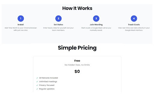 TimeWorth: Google Meet Cost Calculator from Chrome web store to be run with OffiDocs Chromium online TimeWorth: Google Meet Cost Calculator from Chrome web store to be run with OffiDocs Chromium online