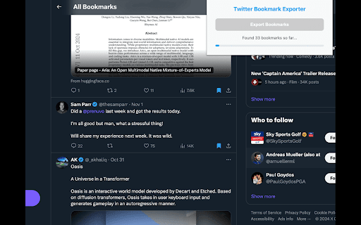 Twitter Bookmark Exporter from Chrome web store to be run with OffiDocs Chromium online Twitter Bookmark Exporter from Chrome web store to be run with OffiDocs Chromium online