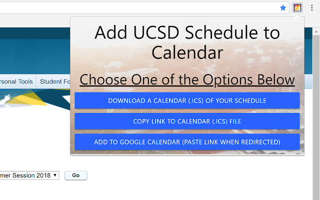 UCSD Schedule to Calendar from Chrome web store to be run with OffiDocs Chromium online UCSD Schedule to Calendar from Chrome web store to be run with OffiDocs Chromium online