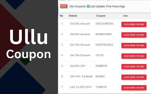 Ullu Coupons, Promo code, Offers Deals from Chrome web store to be run with OffiDocs Chromium online Ullu Coupons, Promo code, Offers Deals from Chrome web store to be run with OffiDocs Chromium online