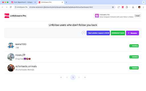 Unfollowers Pro from Chrome web store to be run with OffiDocs Chromium online Unfollowers Pro from Chrome web store to be run with OffiDocs Chromium online