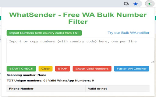 WhatSender Free WA Bulk Number filter from Chrome web store to be run with OffiDocs Chromium online WhatSender Free WA Bulk Number filter from Chrome web store to be run with OffiDocs Chromium online