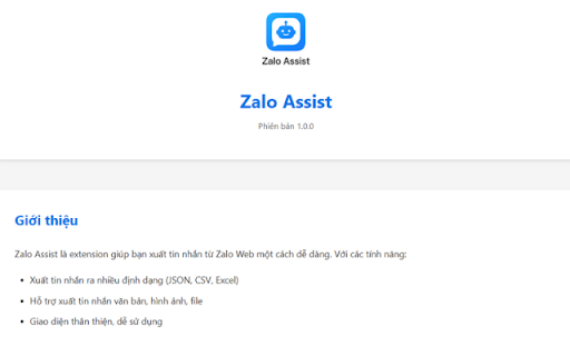 Zalo Assist App from Chrome web store to be run with OffiDocs Chromium online Zalo Assist App from Chrome web store to be run with OffiDocs Chromium online