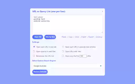 Bulk URL Opener Open Multiple URLs or Search Queries from Chrome web store to be run with OffiDocs Chromium online Bulk URL Opener Open Multiple URLs or Search Queries from Chrome web store to be run with OffiDocs Chromium online