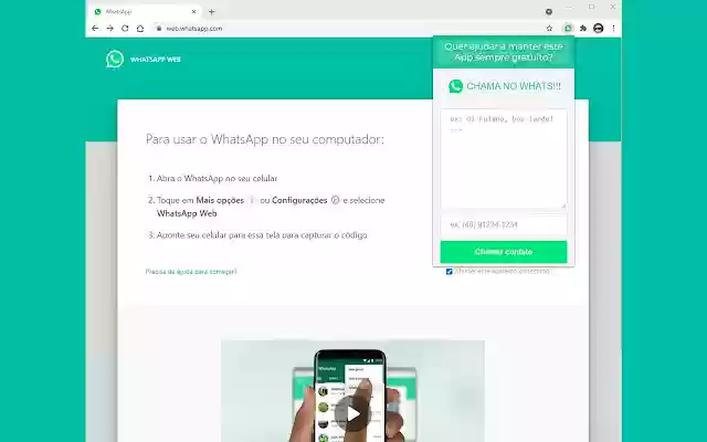 Chama no Whats from Chrome web store to be run with OffiDocs Chromium online Chama no Whats from Chrome web store to be run with OffiDocs Chromium online