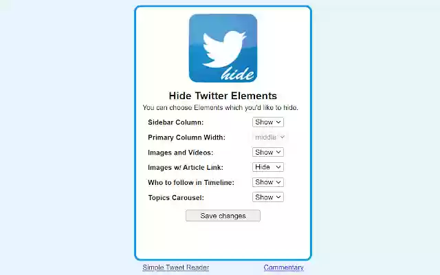 Hide Twitter Elements from Chrome web store to be run with OffiDocs Chromium online Hide Twitter Elements from Chrome web store to be run with OffiDocs Chromium online